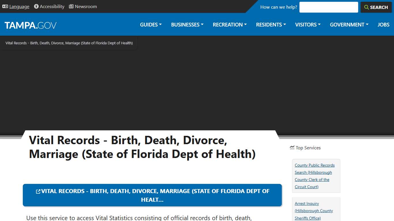Vital Records - Birth, Death, Divorce, Marriage (State of Florida Dept of Health) City of Tampa
