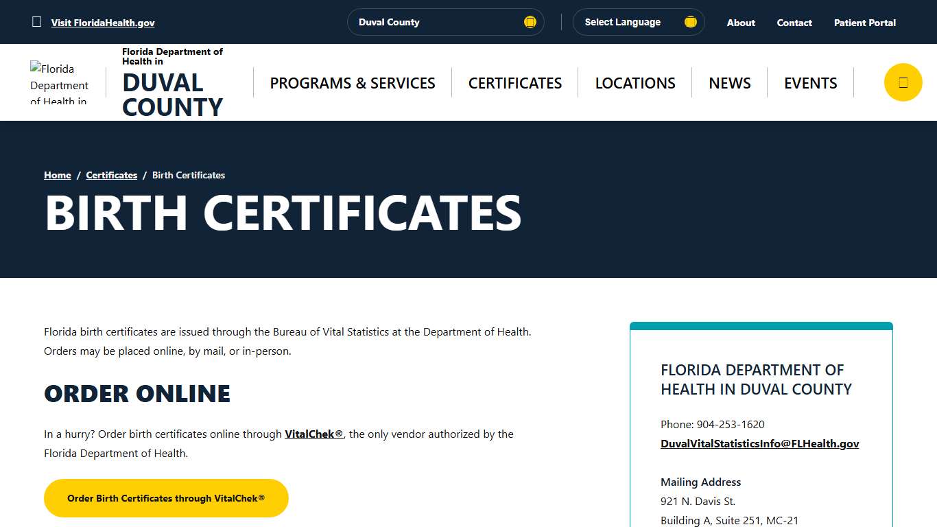 Birth Certificates - Florida Department of Health in Duval County