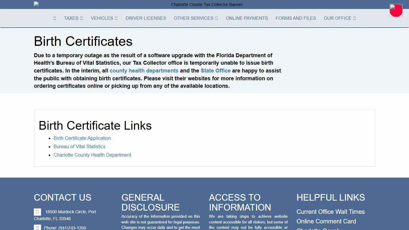 Charlotte County Tax Collector - Birth Certificates